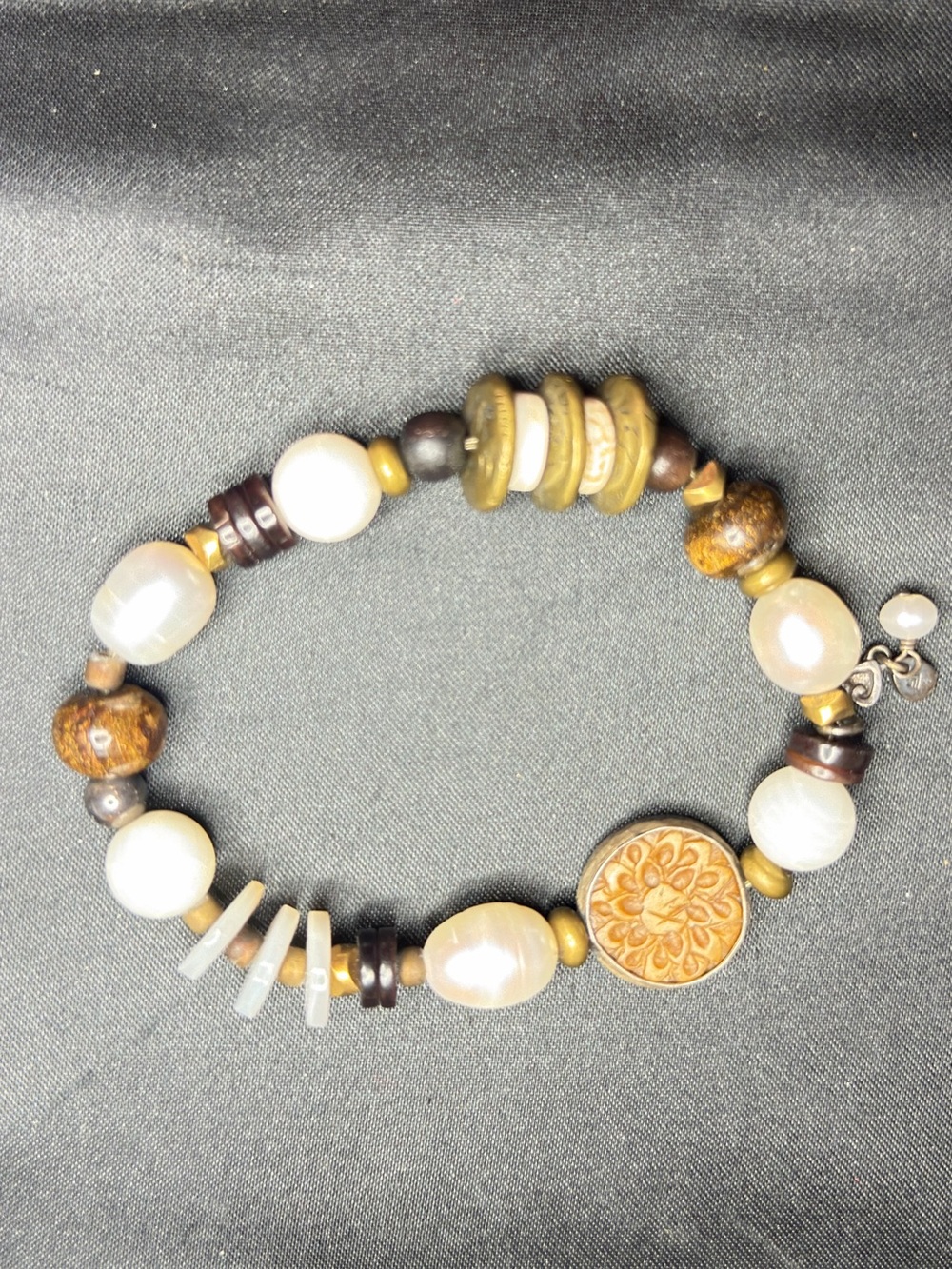 Silpada 925 Sterling Silver Pearl Bronzite Wood Brass Stretch Bracelet